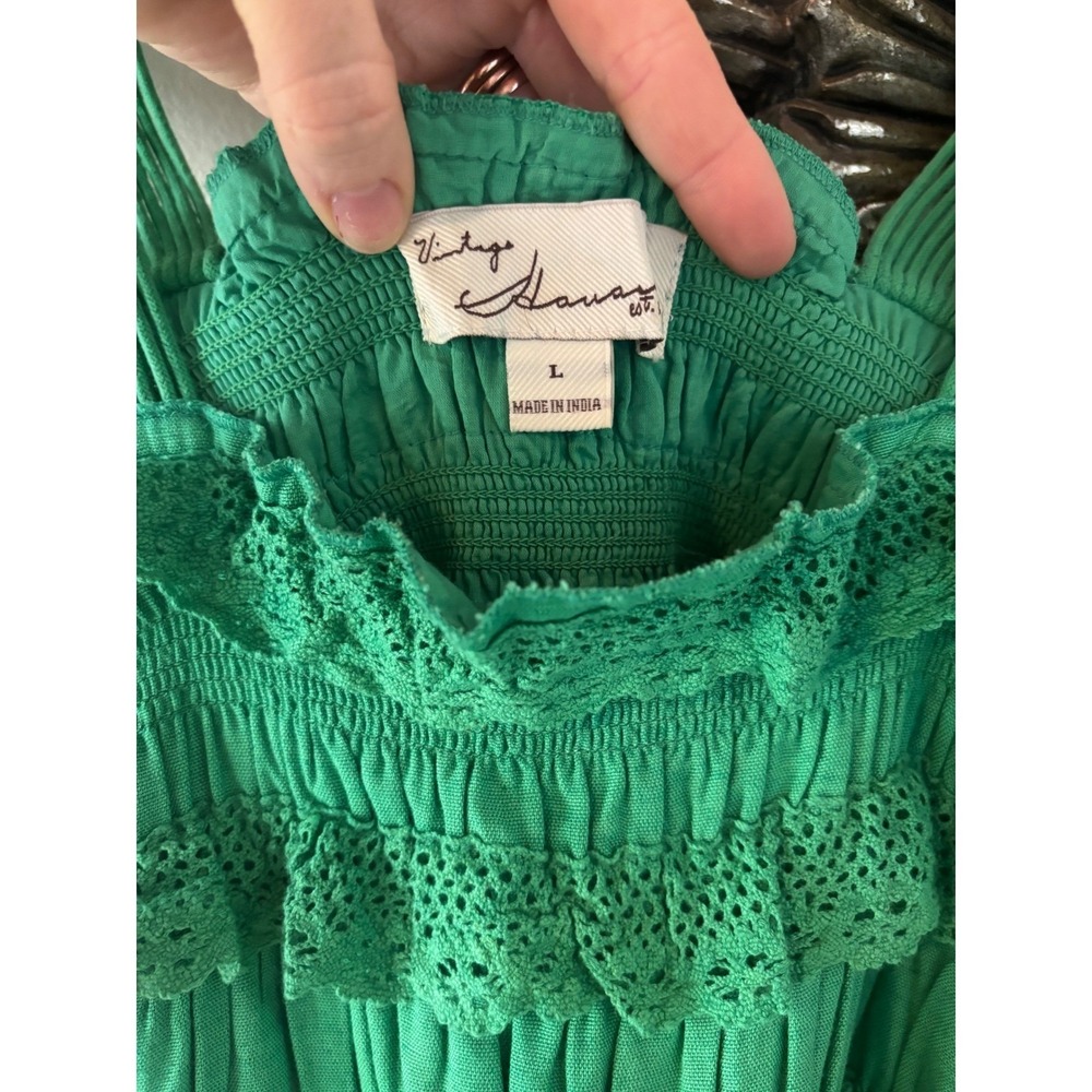 Vintage Havana Green Ruffle Crochet Tiered festival Sundress Large - Picture 2 of 8